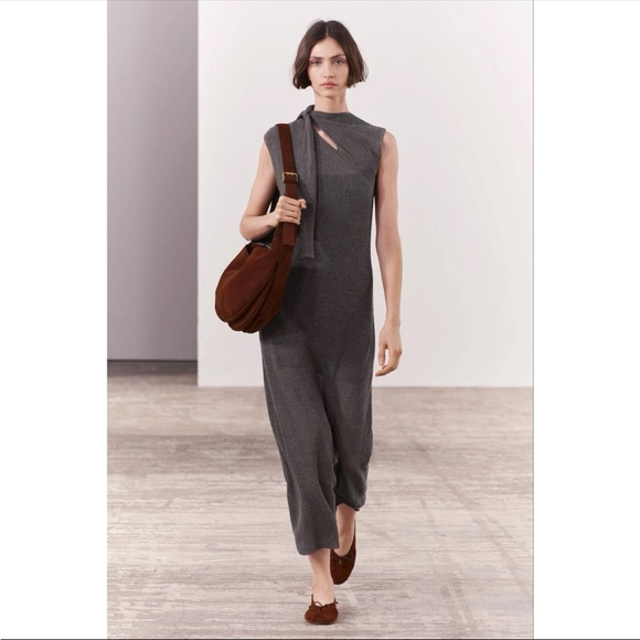 Zara Chic Gray Asymmetric Sleeve Textured Knit High Neck Tie MIDI Dress Large - Picture 1 of 16